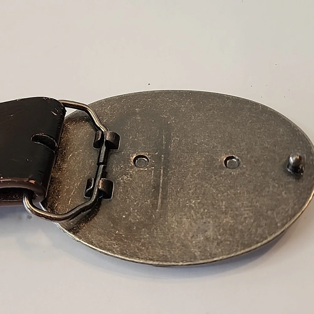Western Belt Buckle Oval Embellished Brown & Brass Tones W/ Brown Belt